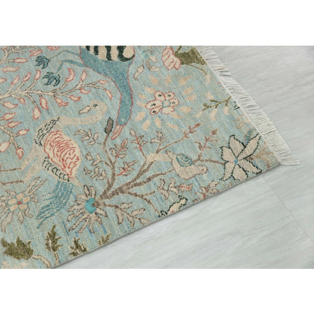 Textile 2.6x15ft. Light Blue Peacock Bird Garden Hand Knotted Wool Rug For Sale - Image 7 of 18