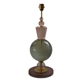 Mid-Century Style Round Pink and Green Murano Glass and Brass Table Lamp, 2000 For Sale