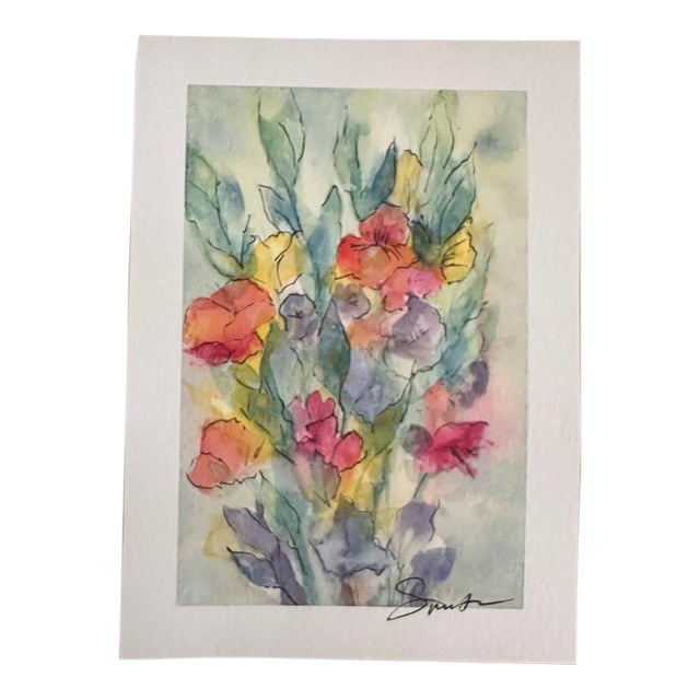 A Garden in Bloom – Original Signed Watercolor and Ink Floral Painting, 5 × 7 Inches For Sale