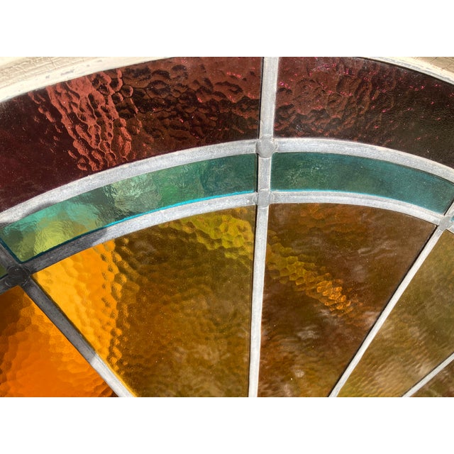 Set of 4 Antique Leaded Stained Glass Fanlight Windows – Amber & Aqua – Circa 1900 Architectural Salvage For Sale - Image 6 of 7