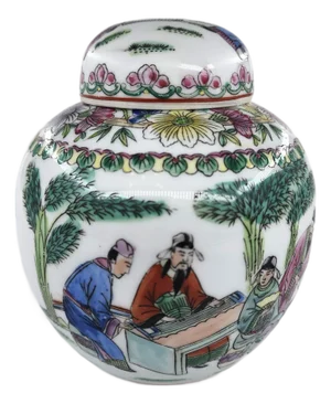 Mid-20th Century Jingdezhen Chinese Famille Rose Porcelain Ginger Jar With Lid Hand-Painted Scholars Scene
