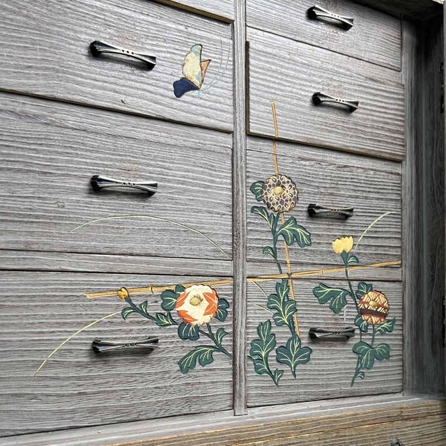 Brown Vintage Tansu Storage Cabinet with Floral Decor, 1960s For Sale - Image 8 of 18