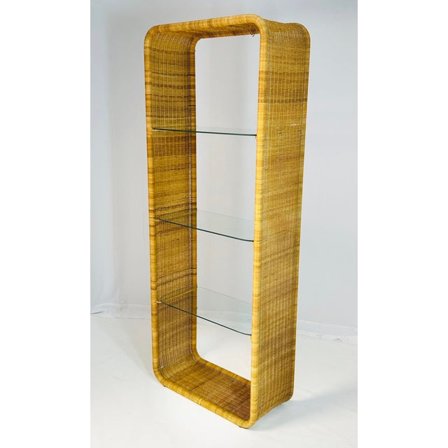 Wood Wicker and Glass Etagere Bookcase Display Shelf Attributed to Founders, Mid Century Modern For Sale - Image 7 of 15