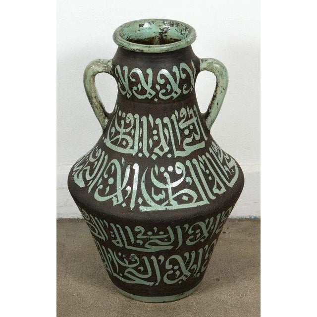Moroccan Green and Brown Chiselled Ceramic Urns With Handles - a Pair For Sale In Palm Springs - Image 6 of 9