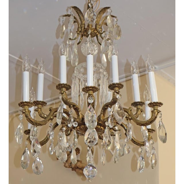 1950's Hollywood Regency French Style Brass & Crystal 12 Light Chandelier For Sale - Image 13 of 14