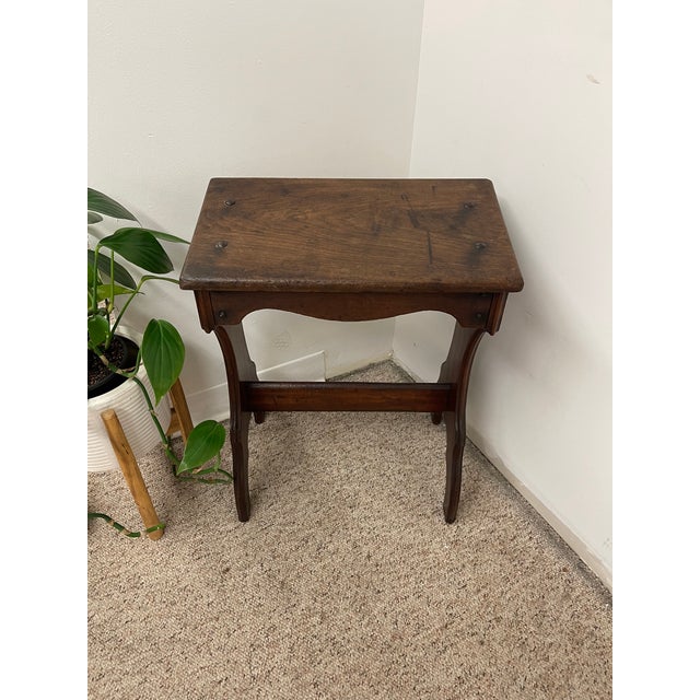 Mid-Century Modern Vintage Decorative Wood Stool With Curved Silhouette and Exposed Peg Details For Sale - Image 3 of 9