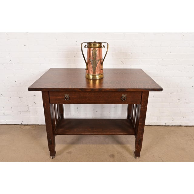 Antique Stickley Brothers Arts & Crafts Three-Handled Large Copper and Brass Vase For Sale - Image 12 of 13