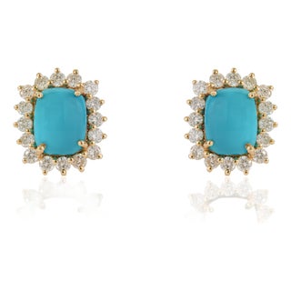 4ct Cushion Cut Natural Turquoise Diamond Halo Stud Earrings in 14k Yellow Gold- 2 Pieces For Sale