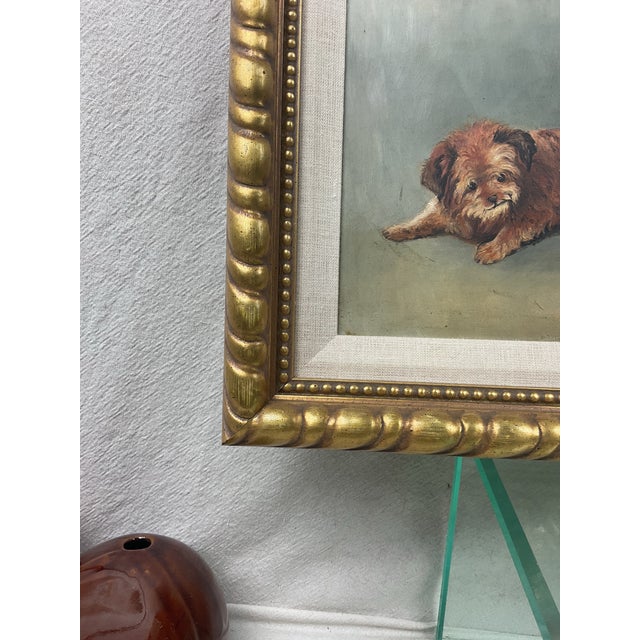Early 20th Century Antique Oil Painting on Board of Playful Pups in Nice Gold Gilt Frame For Sale - Image 5 of 9