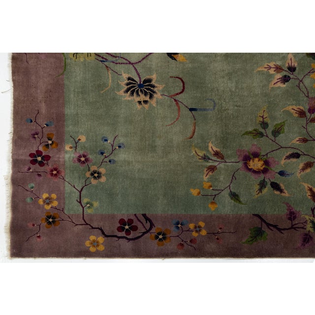 Antique 1920s Art Deco Chinese Nichols Rug in Sage Green & Plum Floral Design For Sale - Image 9 of 12