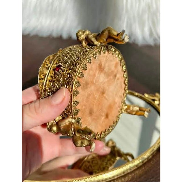 Three Footed Cherub Round StyleBuilt Style Vintage Design Jewelry Casket/ Box With Pink Plush on the Top and Inside & Burgundy Red Stones Decoration For Sale In Los Angeles - Image 6 of 11