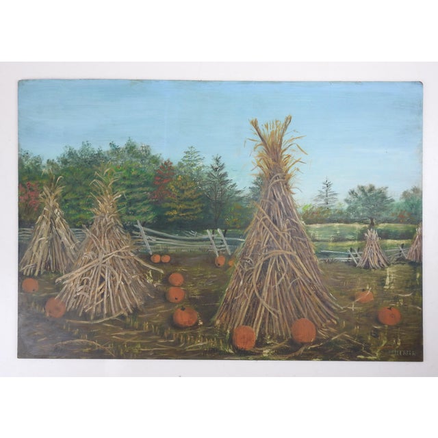 Vintage Folk Art Pumpkin Patch Landscape Painting For Sale In Seattle - Image 6 of 7
