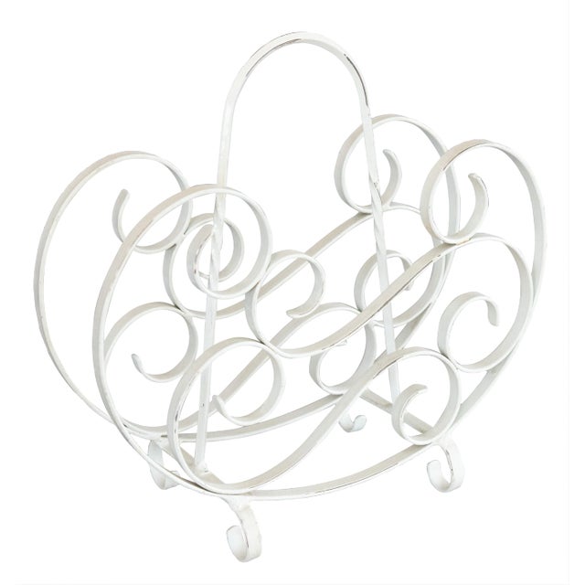 Vintage French Country Style White Painted Wrought Iron Magazine Rack For Sale