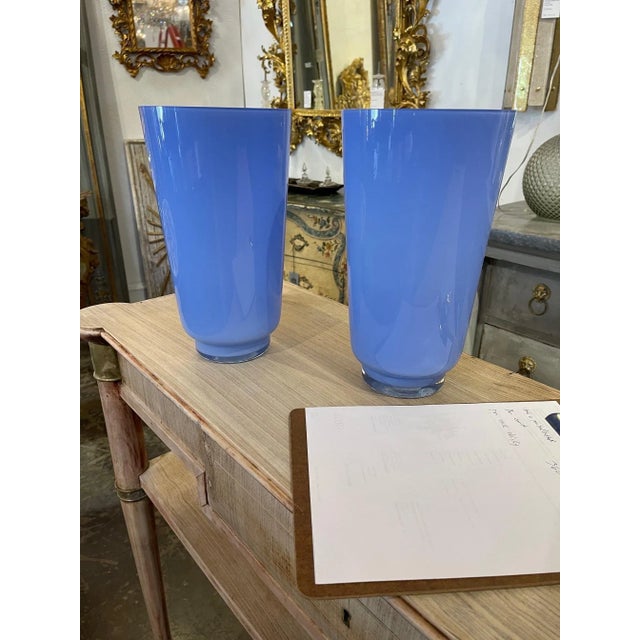 Vintage Blue Murano Glass Vases - A Pair For Sale - Image 4 of 5