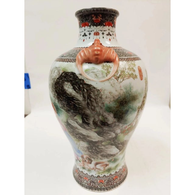Pink Large Antique Chinese Famille Rose Porcelain Floor Vase With Figural Scene and Wooden Stand For Sale - Image 8 of 9