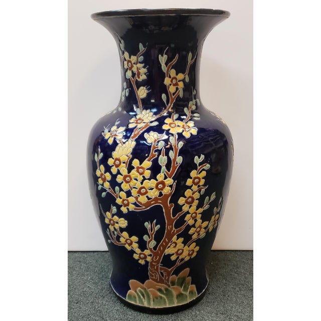 Chinese Circa 1970 Chinese Fencai/Famille Rose Style on Cobalt Ground Porcelain Vase With Plum Blossoms For Sale - Image 3 of 9