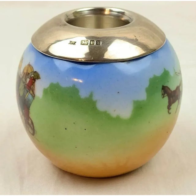 Such a Sweet English Vintage Porcelain and Sterling Silver Matchstrike Match Holder. Hand Painted Scenic Mural of Horse...