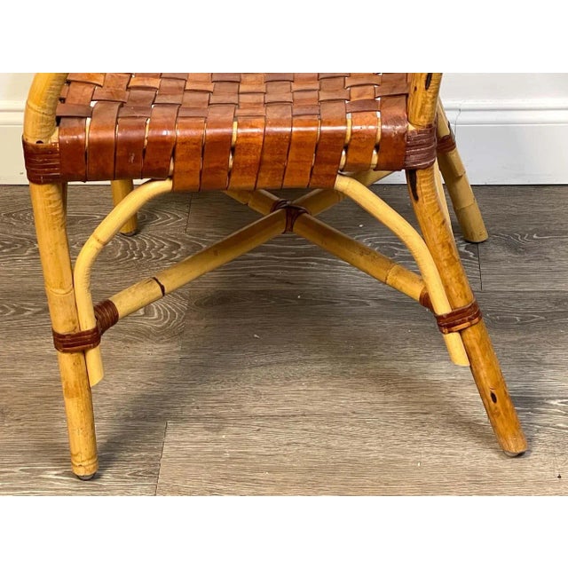 Modern 1960s French Modern Bamboo & Woven Saddle Leather Armchair, Circa 1960s For Sale - Image 3 of 13