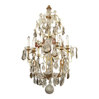 Large Twelve Light Crystal and Bronze Chandelier Attributed to Bagues For Sale