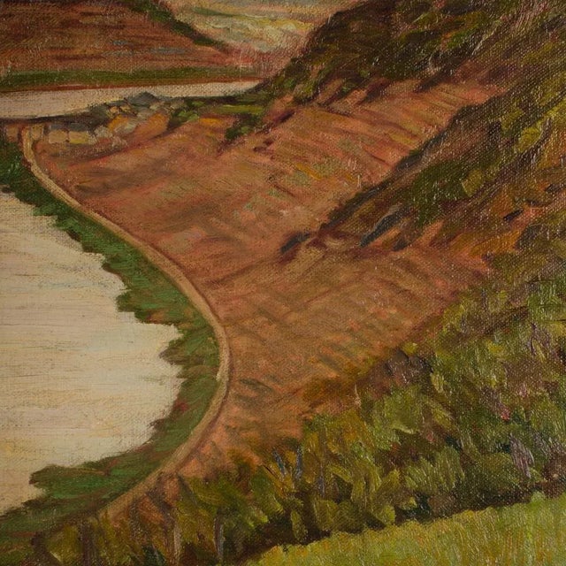 Green Adolf Zogbaum (German 1883 - 1961) View of Moselle River, Oil on Canvas Painting. For Sale - Image 8 of 9
