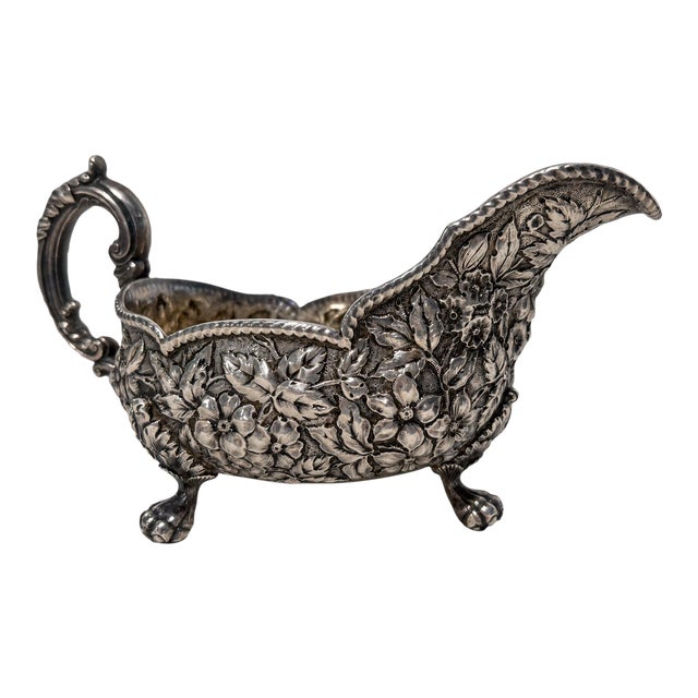 19th Century Rococo Bigelow, Kennard & Co. Sterling Silver Floral Repoussé Sauce Boat For Sale