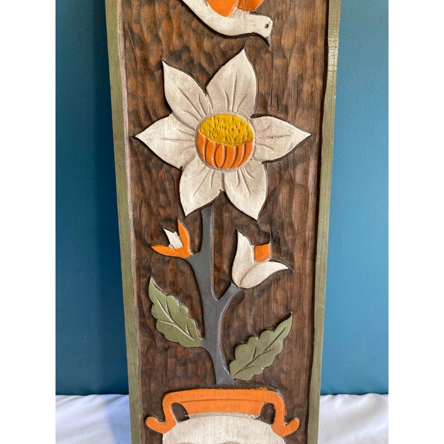 Mid-Century Modern Vintage Folk Art Hand-Carved Floral Wood Wall Panel With Bird For Sale - Image 3 of 5