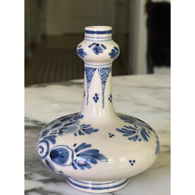 Petite Mid-Century Delftware Blue & White Hand Painted, Single Flower Vase For Sale - Image 10 of 11