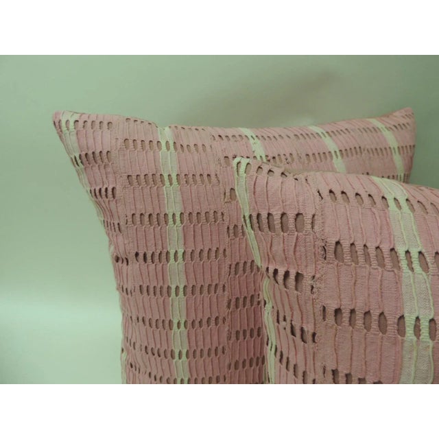 African Vintage Hot Pink and Natural Strip-Woven Yoruba African Square Decorative Pillows - A Pair For Sale - Image 3 of 5