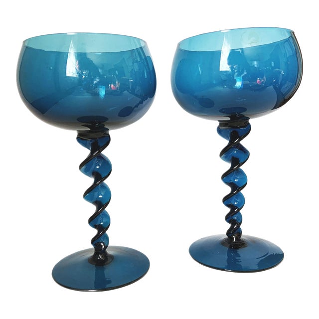 Vintage Mid Century Twisted Stem Art Glass Royal Blue Snifters- a Pair For Sale