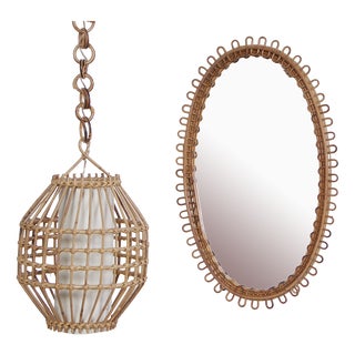 Oval Mirror Set and Bamboo Chandelier attributed to Franco Albini, 1960s, Set of 2 For Sale