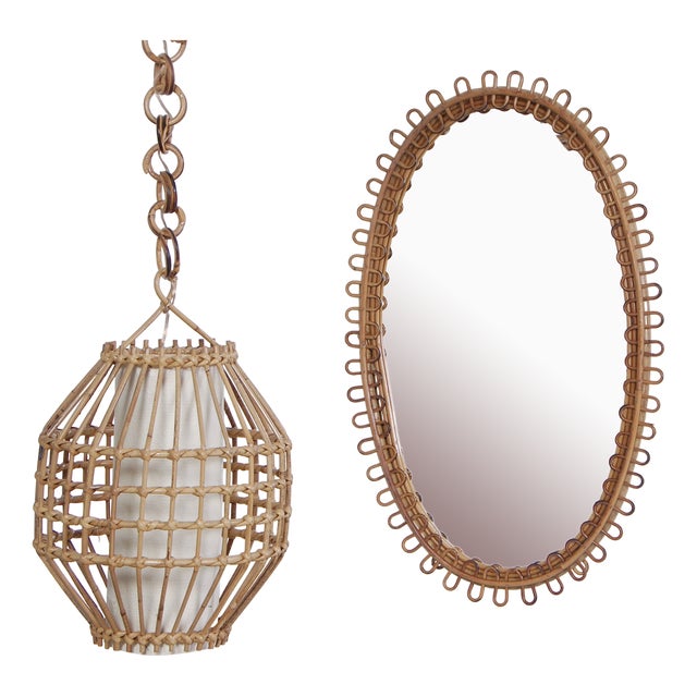 Oval Mirror Set and Bamboo Chandelier attributed to Franco Albini, 1960s, Set of 2 by Franco Albini, Set of 2 For Sale