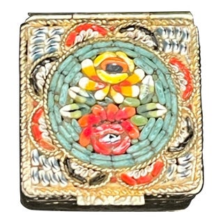 Vintage Italian Gilt Brass Square Micro Mosaic Pill Box - Floral Motifs For Sale