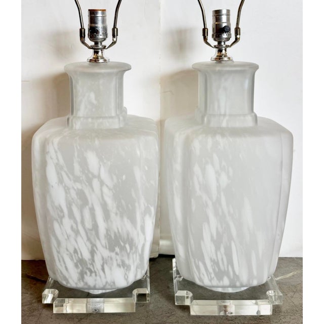1980s Frosted Mottled Murano Style Glass Table Lamps - A Pair For Sale - Image 4 of 9