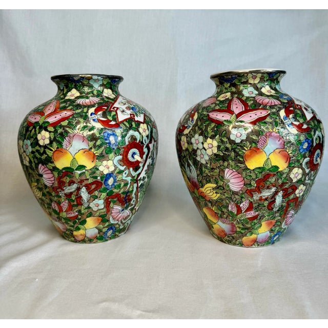 Chinoiserie Mid Century Floral Chinoiserie Glazed Ceramic Ginger Jars, a Pair For Sale - Image 3 of 12