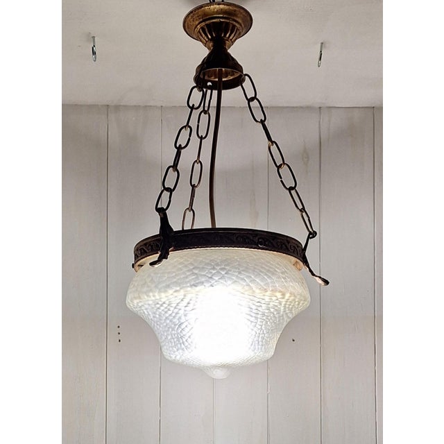 Antique Ceiling Lamp with Ornate Brass Frame and Original Glass Shade, 1890s For Sale - Image 6 of 7