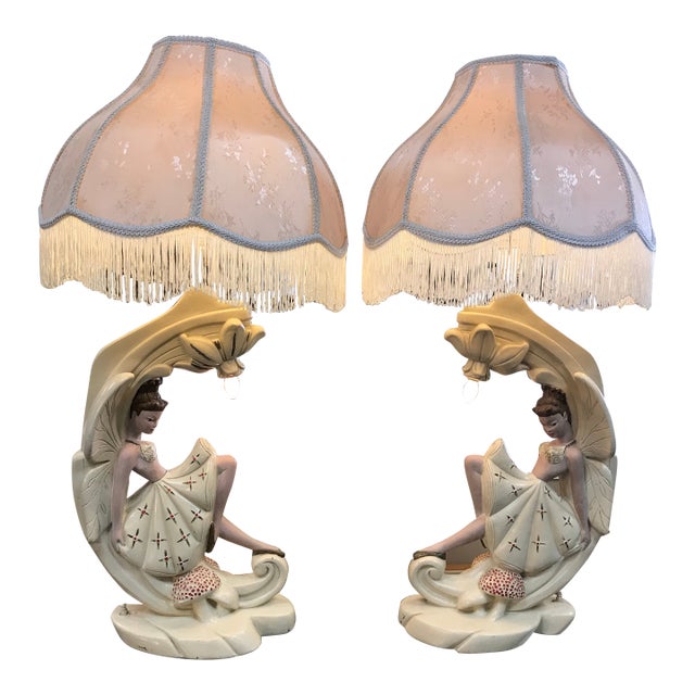 Pair of 1930’s Fairy Chalkware Tv Lamps For Sale