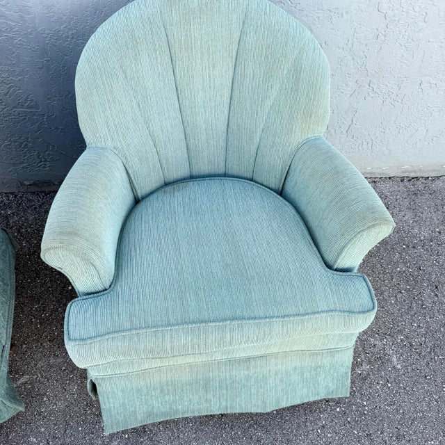 Postmodern Postmodern Turquoise Fabric Clam Shell Scalloped Swivel Lounge Chairs by Stanley - A Pair For Sale - Image 3 of 6