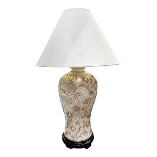 Early 21st Century Large Asian Rounded Taupe Printed Pattern Porcelain Table Lamp For Sale
