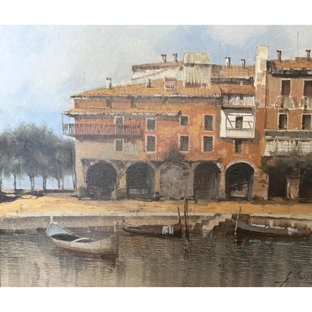 Blue Torri del Benaco Borelli Guido, Hotel Albergo Gardesana Harbor, 1970s, Oil Painting on Canvas For Sale - Image 8 of 13