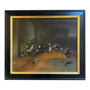 Oil Painting of a Netherlandish Style Celebration. Signed. Framed.