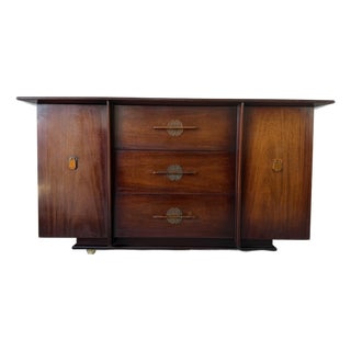Vintage Art Deco - Asian Style Mahogany Buffet / Credenza With Brass Hardware For Sale
