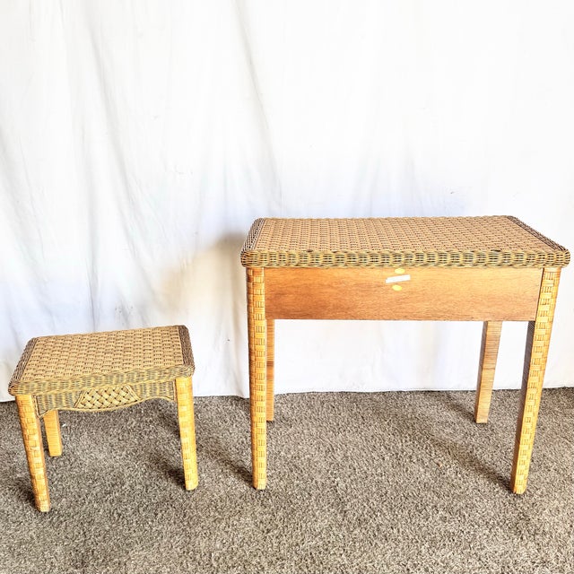 Boho Chic Woven Wicker Desk and Stool - 2 Pieces For Sale In Miami - Image 6 of 9