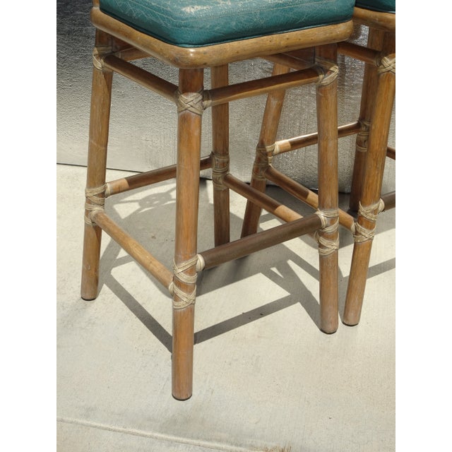 Pair Vintage McGuire Target Back Bamboo Barstools W Leather Straps & Brass Footrests For Sale - Image 10 of 12