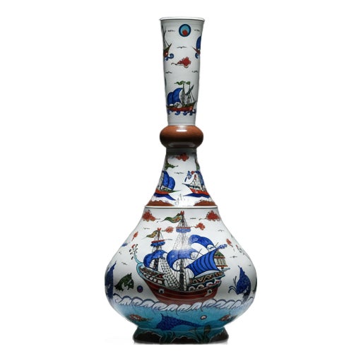 Handmade Ceramic “Galleon” Vase (45cm) – Ottoman Ships & Waves – Symbol of Journey & Abundance For Sale