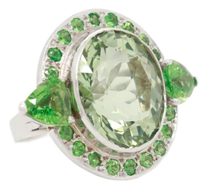 French Deco Style 18k White Gold Green Beryl & Tsavorite Garnet Cocktail Ring