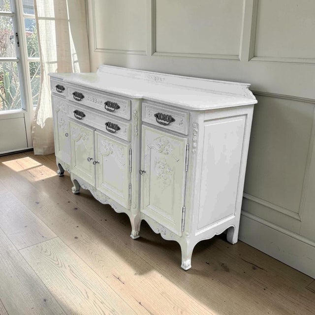 Bring timeless European charm to your home with this beautifully refinished vintage French Country sideboard buffet....