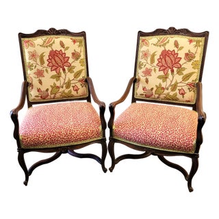 Antique French Louis XV Style Carved Walnut Fauteuil Armchairs, Tree of Life and Leopard Upholstery – Pair For Sale