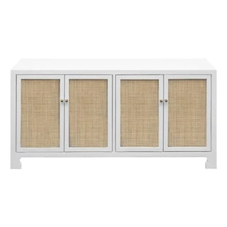 Matthew Izzo Home Sofia Matte White Lacquer British West Indies Four Door Caned Cabinet For Sale