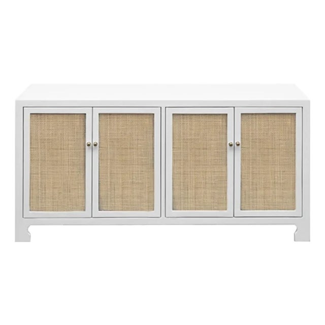 Matthew Izzo Home Sofia Matte White Lacquer British West Indies Four Door Caned Cabinet For Sale