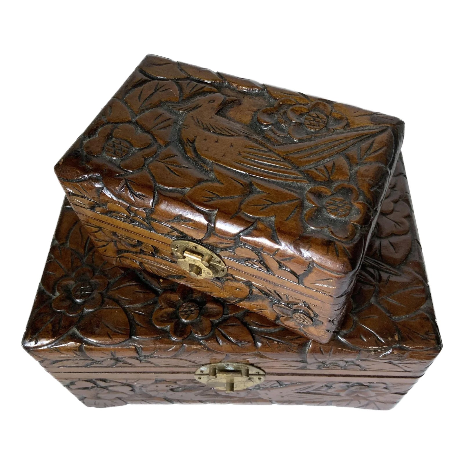Pair of Asian Hand Carved Camphor Wood Box Birds and Flowers Vintage ...